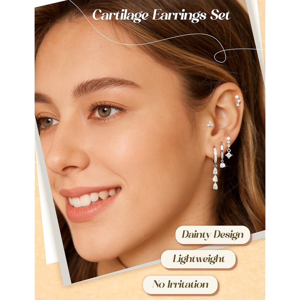MILACOLATO 5Pairs 925 Sterling Silver Earrings for Women - 14K Gold Plated Stud Huggie Hoop Earrings Sets for Multiple Piercing, Hypoallergenic CZ Pearl Cartilage Earrings Stacks Trendy Jewelry