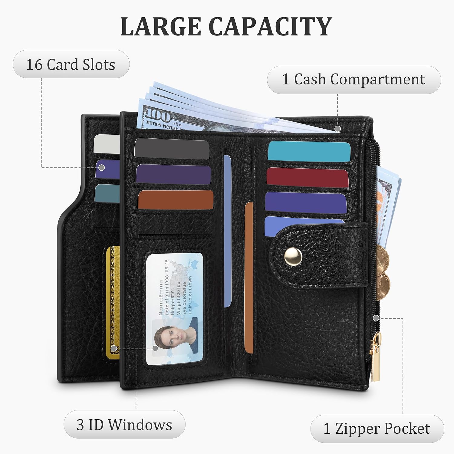 Small Women'S Bifold Wallet, Rfid Blocking Credit Card Holder With Zipper, Travel Cute Coin Pocket Wallet For Ladies, Black
