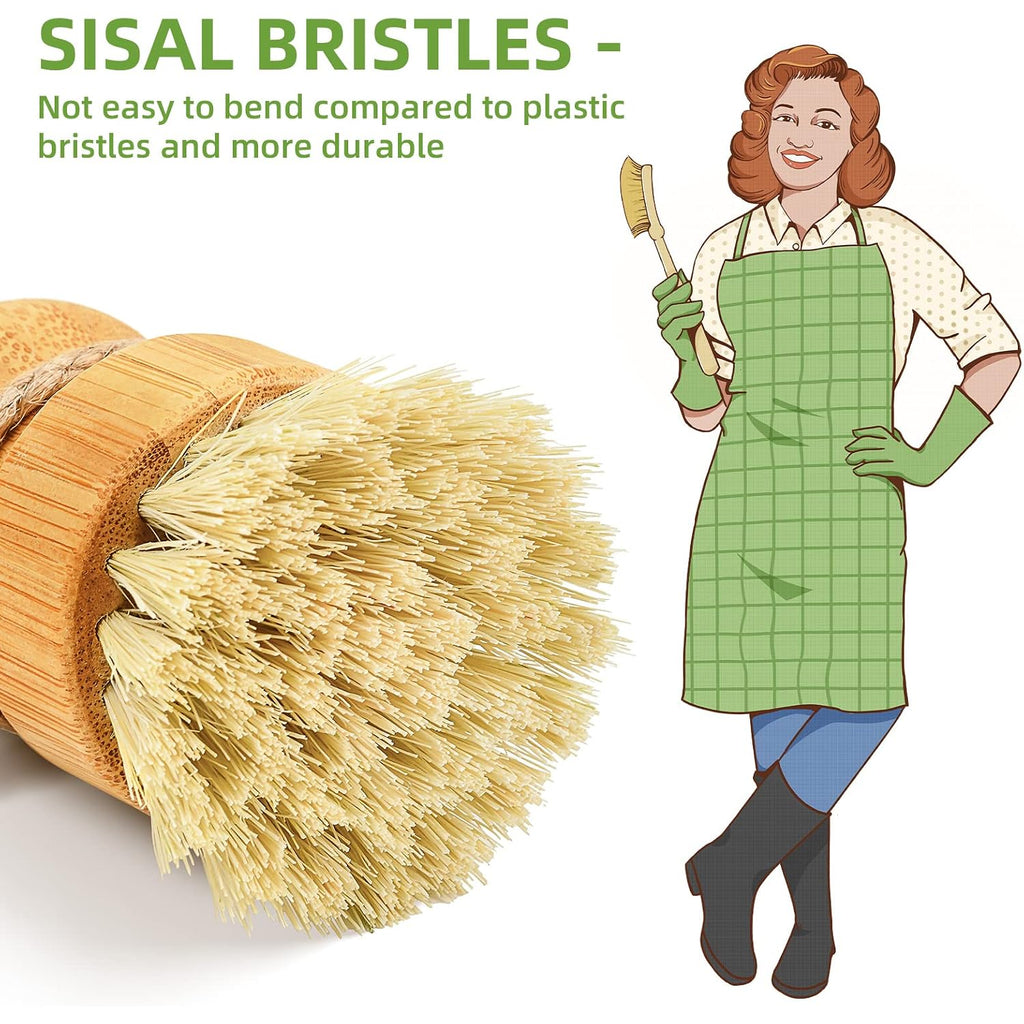 Bamboo Dish Scrub Brush For Kitchen Sink, Natural Wooden Washing Dish Brush Scrubber With Sisal Bristles For Household Cleaning, Cast Iron Pots, Pans And Vegetables