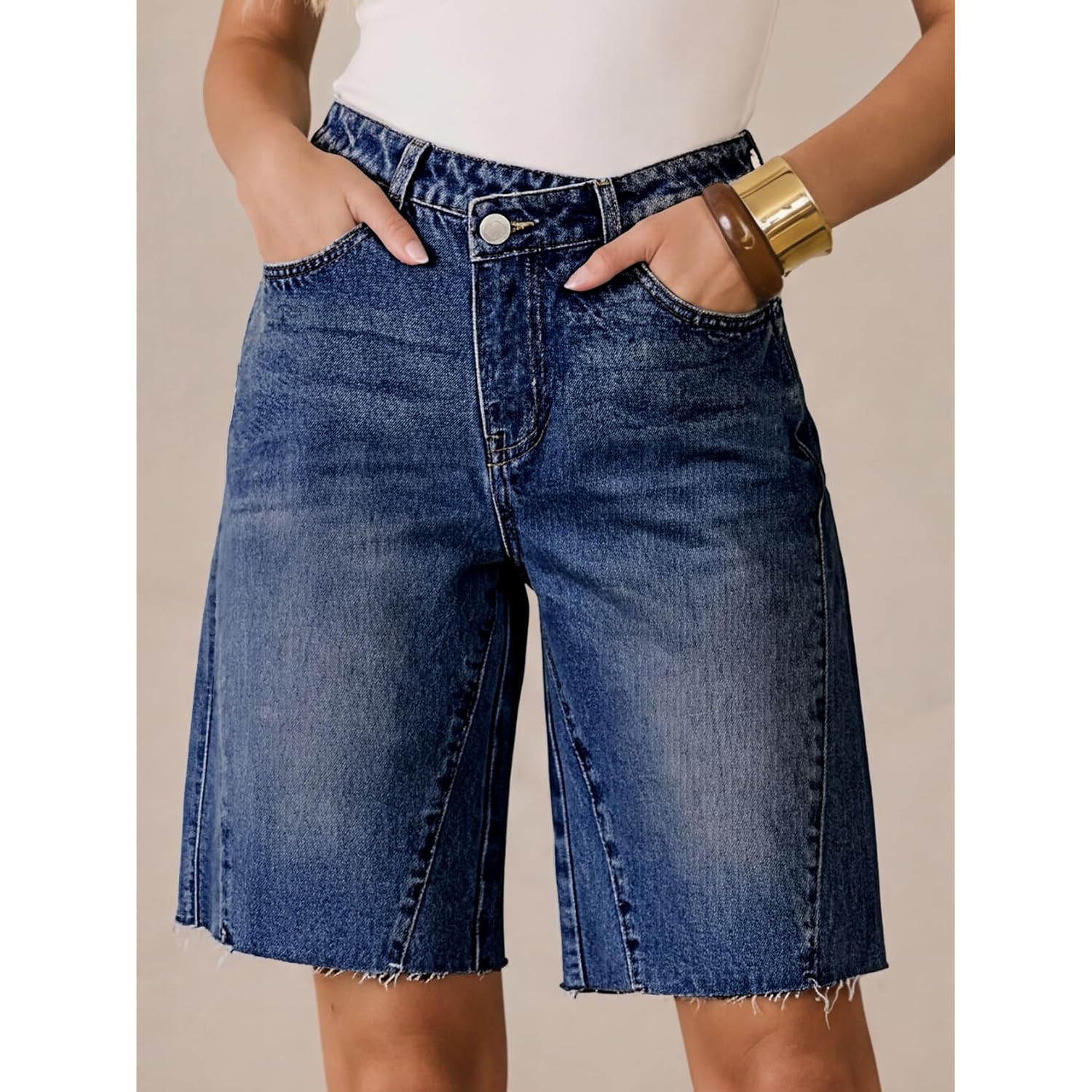 Womens Bermuda Jean Shorts 2026 Summer Knee Length Stretchy Crossover Wide Leg Mid Waisted Casual Denim Shorts Jorts
