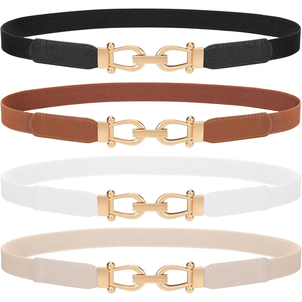 TRIWORKS 4 Pack Women Skinny Elastic Belts Gold Buckle Thin Stretchy Waist Belts for Dresses