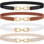 TRIWORKS 4 Pack Women Skinny Elastic Belts Gold Buckle Thin Stretchy Waist Belts for Dresses