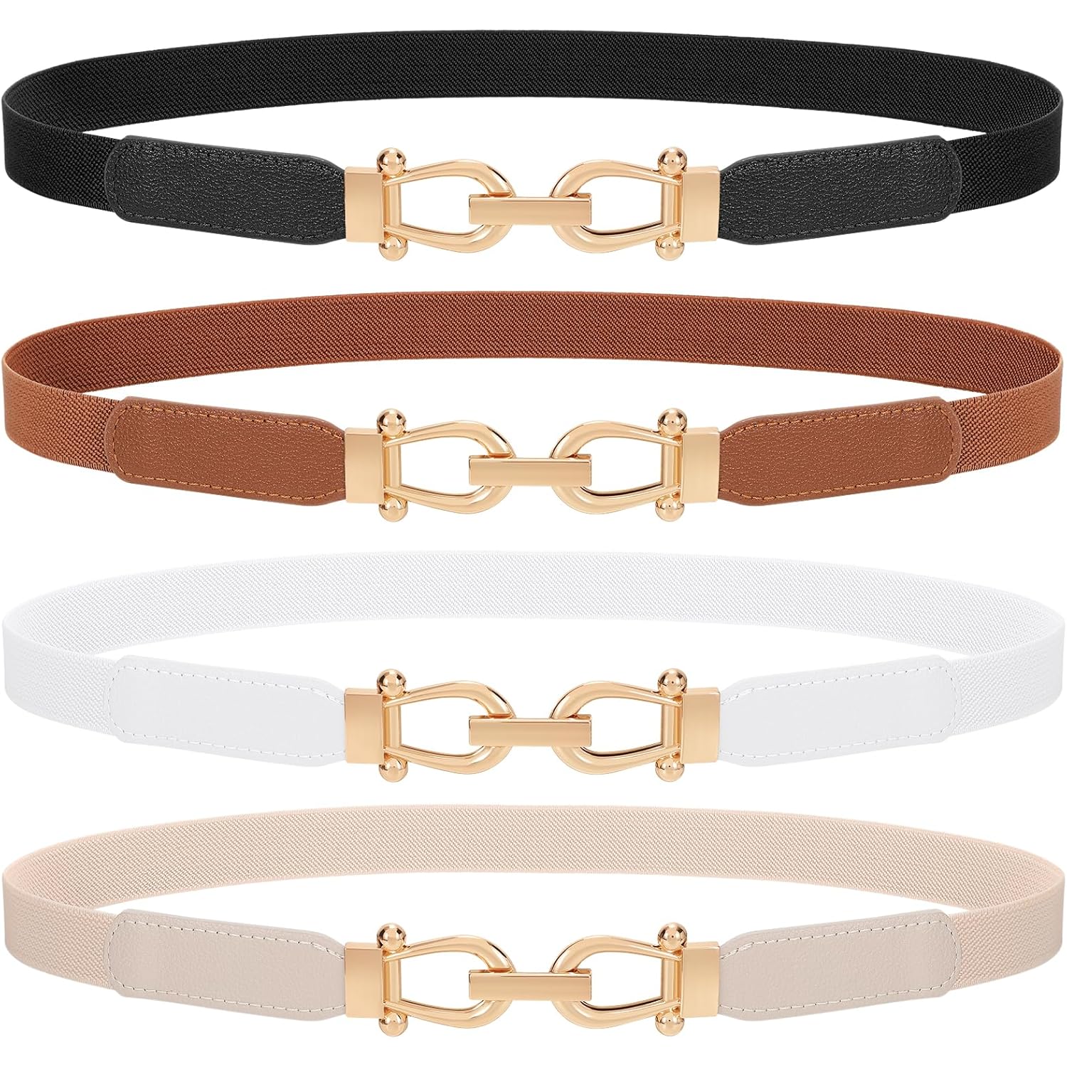 TRIWORKS 4 Pack Women Skinny Elastic Belts Gold Buckle Thin Stretchy Waist Belts for Dresses
