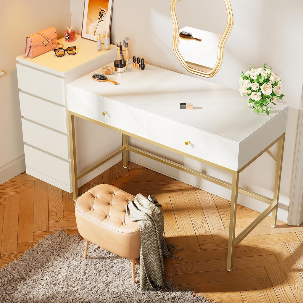 Superjare Vanity Desk With Drawers, 47 Inch Computer Desk, Modern Simple Home Office Desks, Makeup Dressing Table For Bedroom - White And Gold