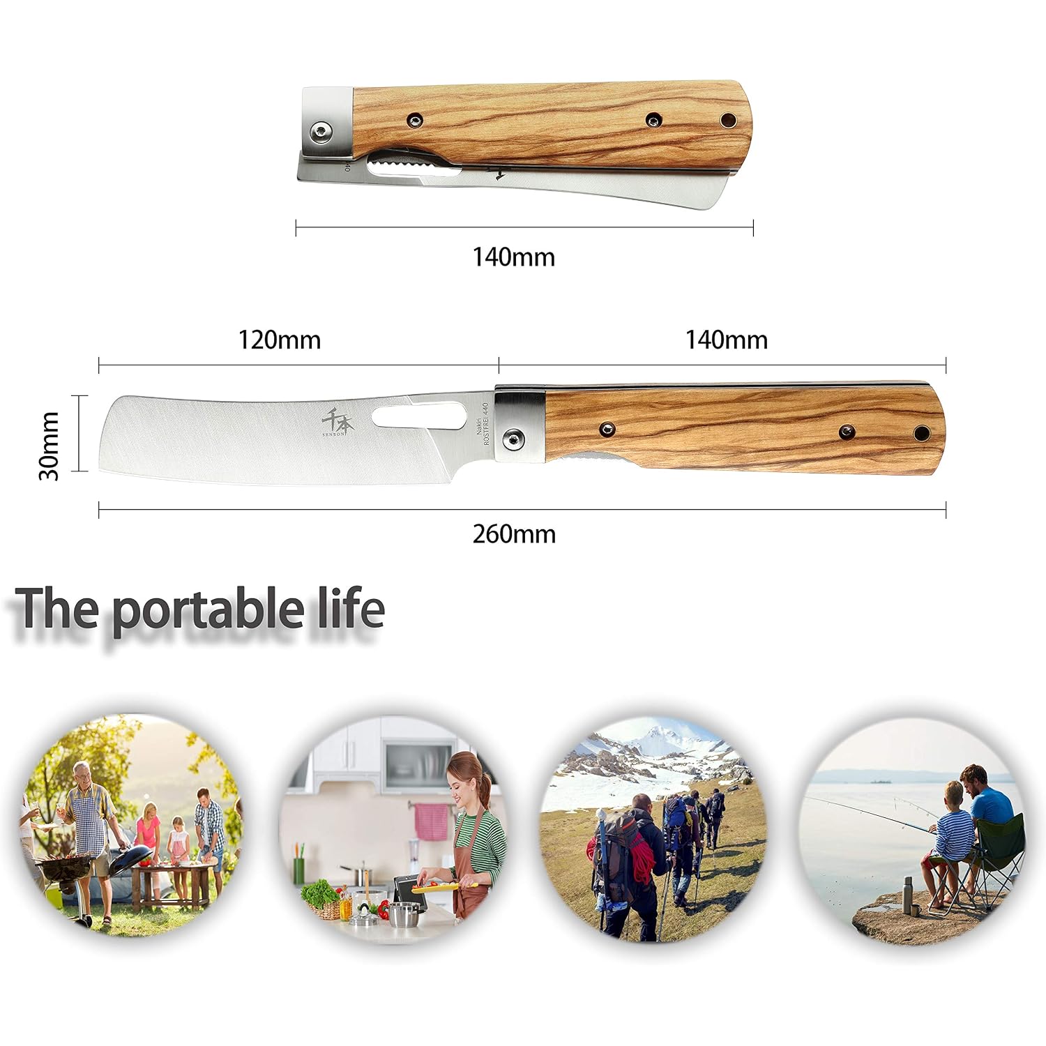 440A Stainless Steel Ultra Sharp Pocket Folding Chef Knife Peeling Utility Knife Fruit Knife Natural Olive Handle Camping Bbq Trip Outdoor Portable Kitchen Knife