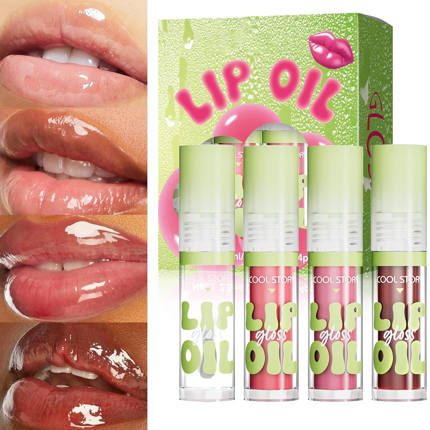 4 Pack Hydrating Glow Lip Oil Makeup Set For Women, Moisturizing Lip Gloss With Glow Finish, Long Lasting Nourishing Lip Care Full Oil Lip Drip, Sweet Candy Scent (Set A, Light)