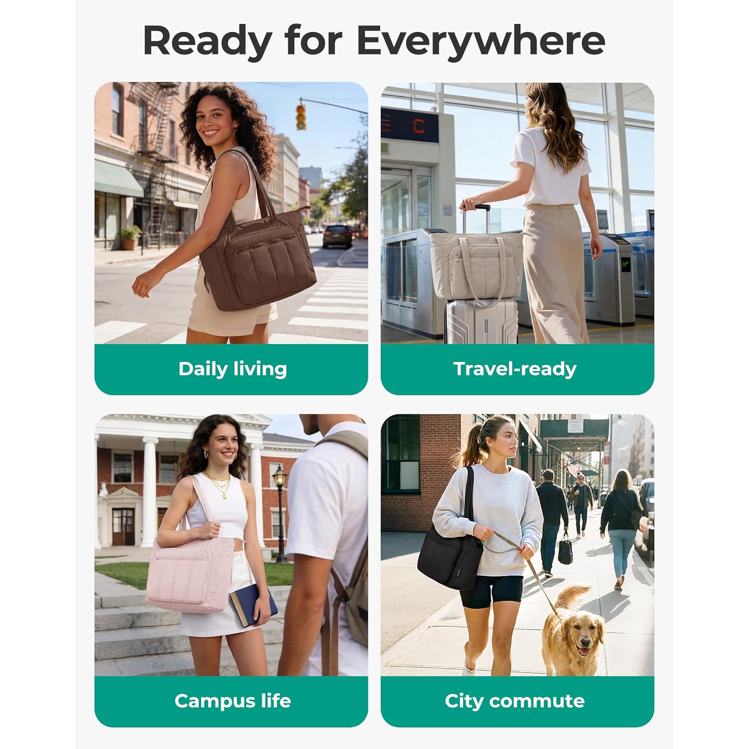 BAGSMART Tote Bag for Women, 2 Set Tote Bag with Zipper, Quilted Nurse Handbags for Work Travel College | 20L Capacity, 15.6'' Laptop Bag, with Cosmetic Bag, Carry on Bag, Nurse Gym Bag
