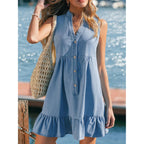 Cupshe Women Summer Dress Notched V Neck Front Button Denim Dress Sleeveless Ruffle Hem Beach Vacation Mini Sun Dress