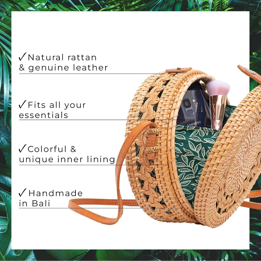 Round Rattan Bag For Women - Handmade Straw Bags - Wicker Purse - Brown White Circle Crossbody Boho Bags