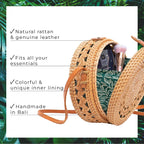 Round Rattan Bag For Women - Handmade Straw Bags - Wicker Purse - Brown White Circle Crossbody Boho Bags