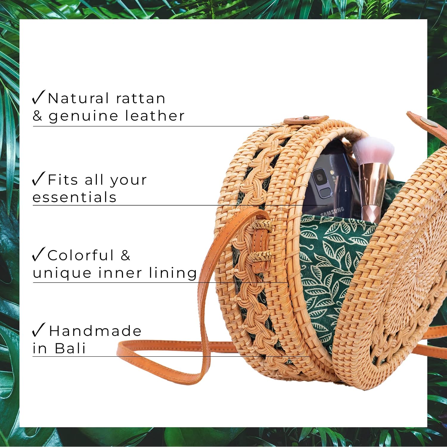 Round Rattan Bag For Women - Handmade Straw Bags - Wicker Purse - Brown White Circle Crossbody Boho Bags
