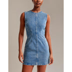 Women'S Sleeveless Bodycon Denim Mini Dress Sleeveless Waist Tucks Zipper Short Tank Jean Dresses Concert Outfits