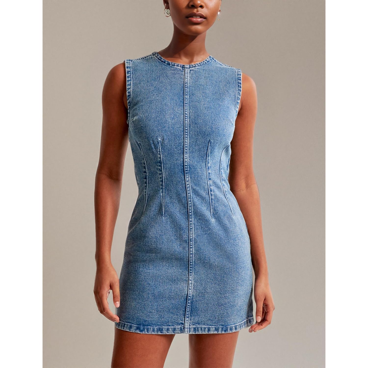 Women'S Sleeveless Bodycon Denim Mini Dress Sleeveless Waist Tucks Zipper Short Tank Jean Dresses Concert Outfits