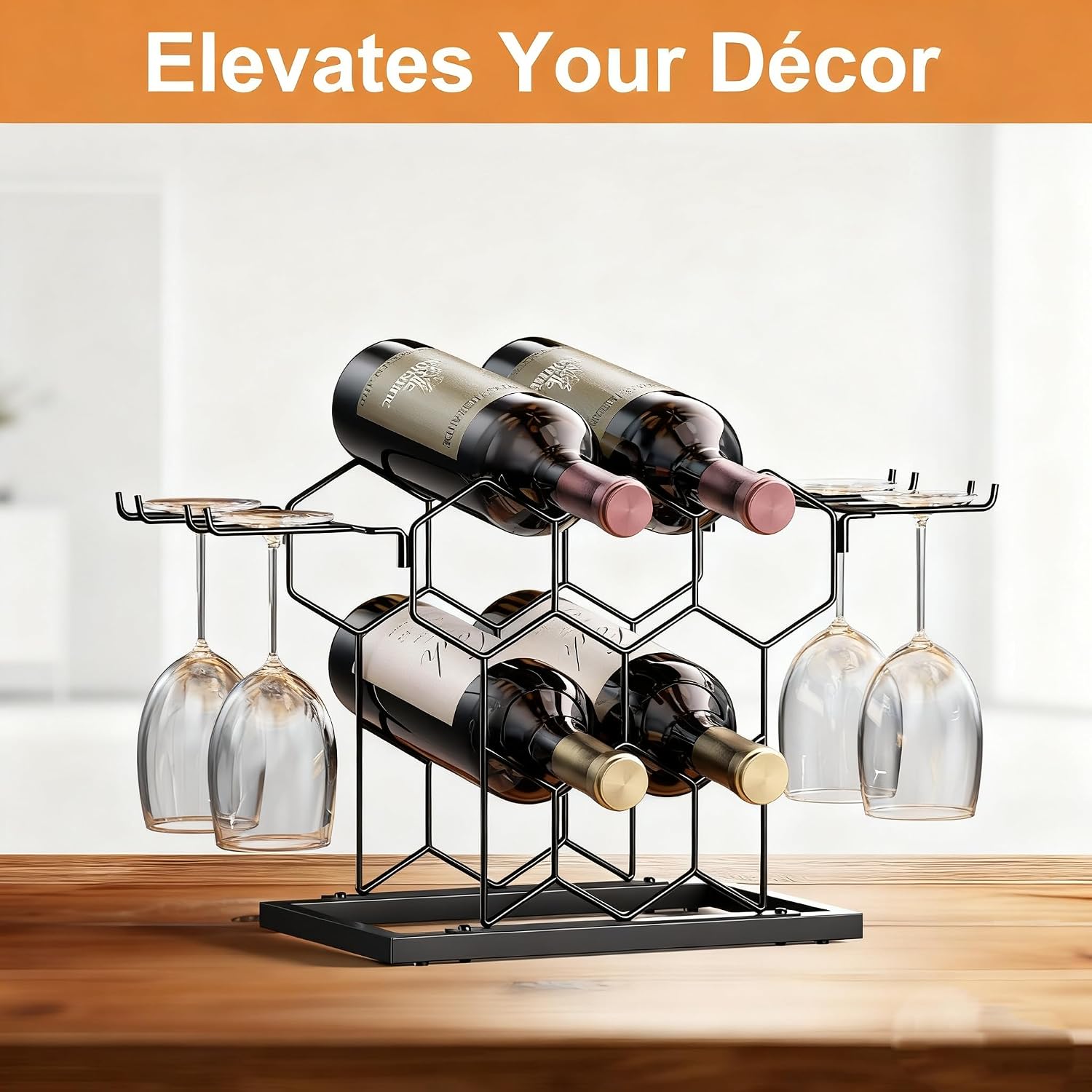 B4Life Countertop Wine Rack, Wine Rack With Glass Holder 8 Bottles | Freestanding Small Liquor Holder Metal, Tabletop Bottle Storage Stand For For Home, Kitchen, Bar, Cellar