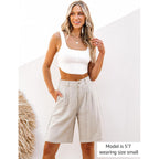 Bermuda Shorts for Women High Waisted Linen Dressy Casual Pleated Wide Leg Summer Shorts with Elastic Waist