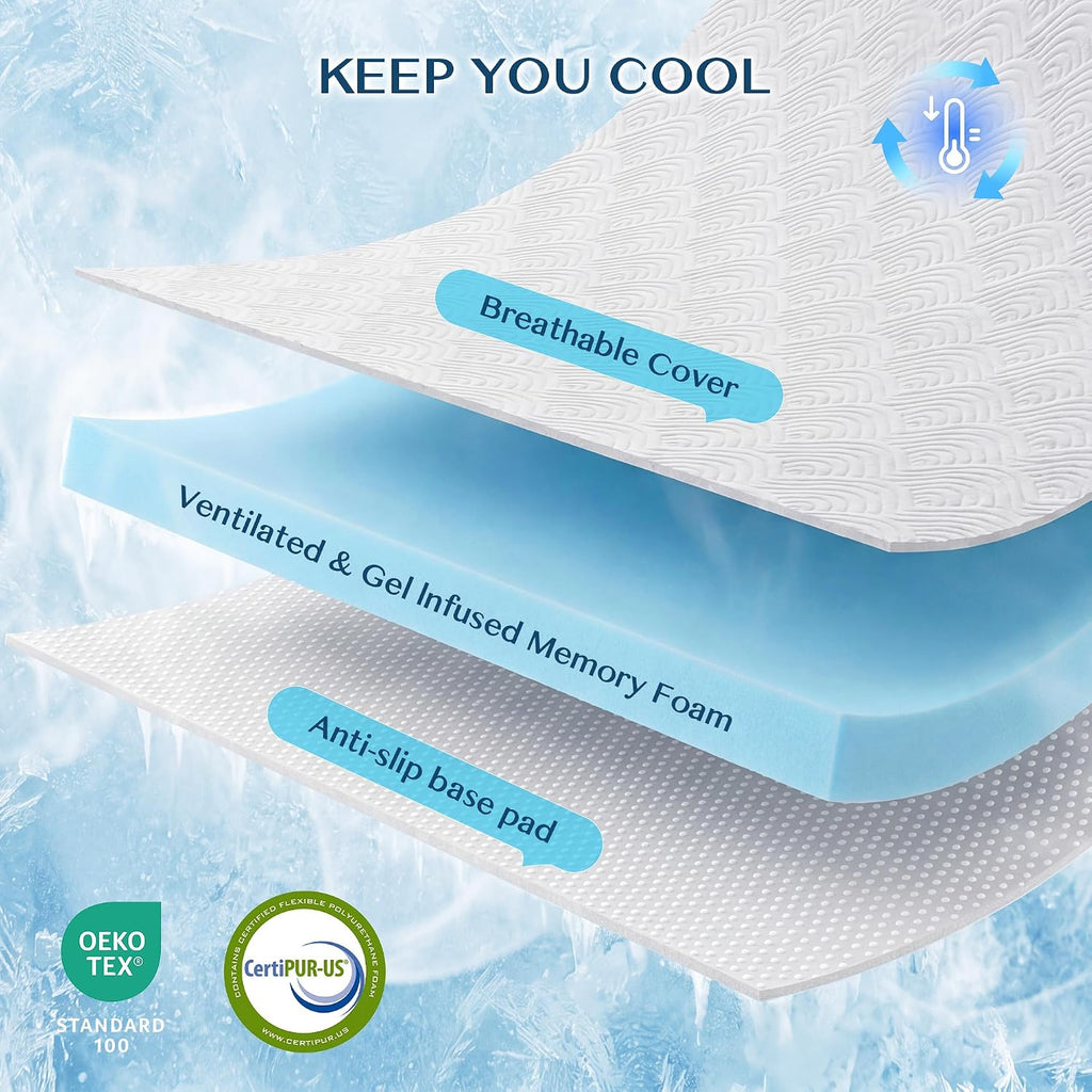 Masvis 3 Inch Queen Memory Foam Mattress Topper, Ventilated Gel Mattress Topper For Back Pain Relief, Certipur-Us Certified, Removable Washable Cover, Wave Pattern Bed Topper,White