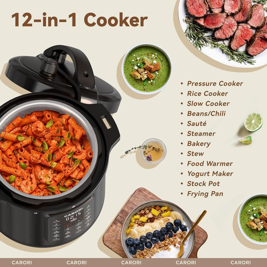 12-In-1 Electric Pressure Cooker 8 Quart, 1200W Olla De Presion Multi-Cooker With Stainless Steel Pot, Slow Rice Cooker, Saute, Steamer, Yogurt & Food Warmer, Delay Timer, Black
