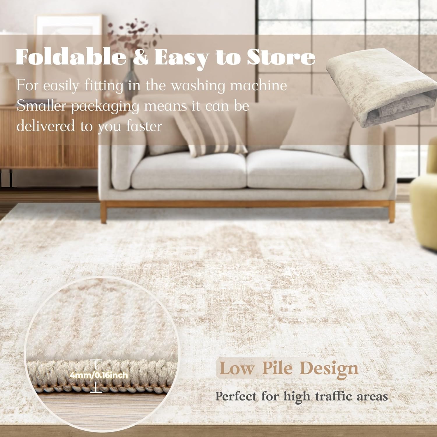 Area Rug 8x10 Washable Rug, Vintage Boho Medallion Rugs Non-Slip Soft Low Pile Large Distressed Rug Indoor Retro Carpet for Living Room Bedroom Dining Room Office Children's Room(Beige, 8'x10')