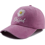 Embroidered Daisy Blessed Hat for Women Men, Adjustable Vintage Washed Cotton Christian Baseball Cap Pink