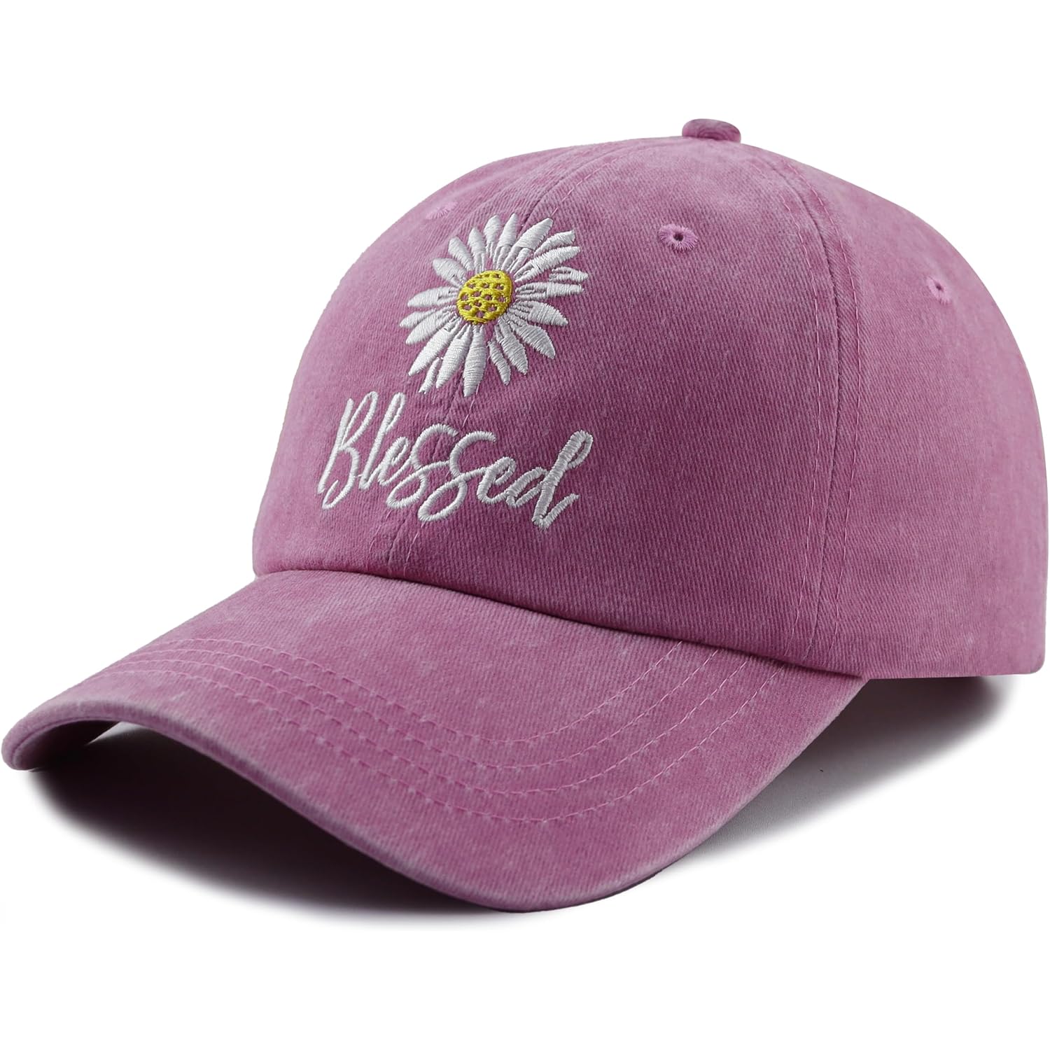 Embroidered Daisy Blessed Hat for Women Men, Adjustable Vintage Washed Cotton Christian Baseball Cap Pink