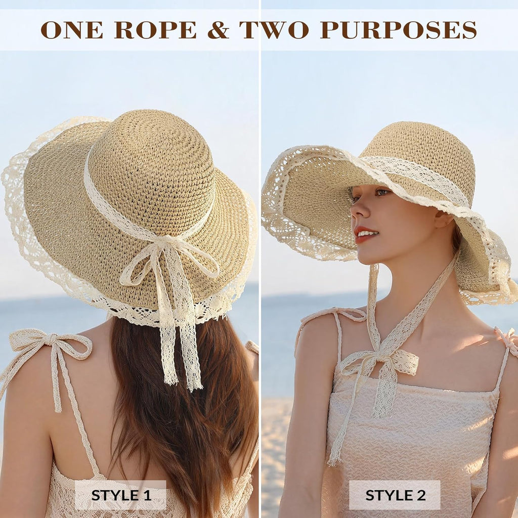 Beach Hats for Women - Beach Hat Womens UPF 50+ Lace Ribbon,Packable Sun Hat Women,Straw Hat for Women 2026