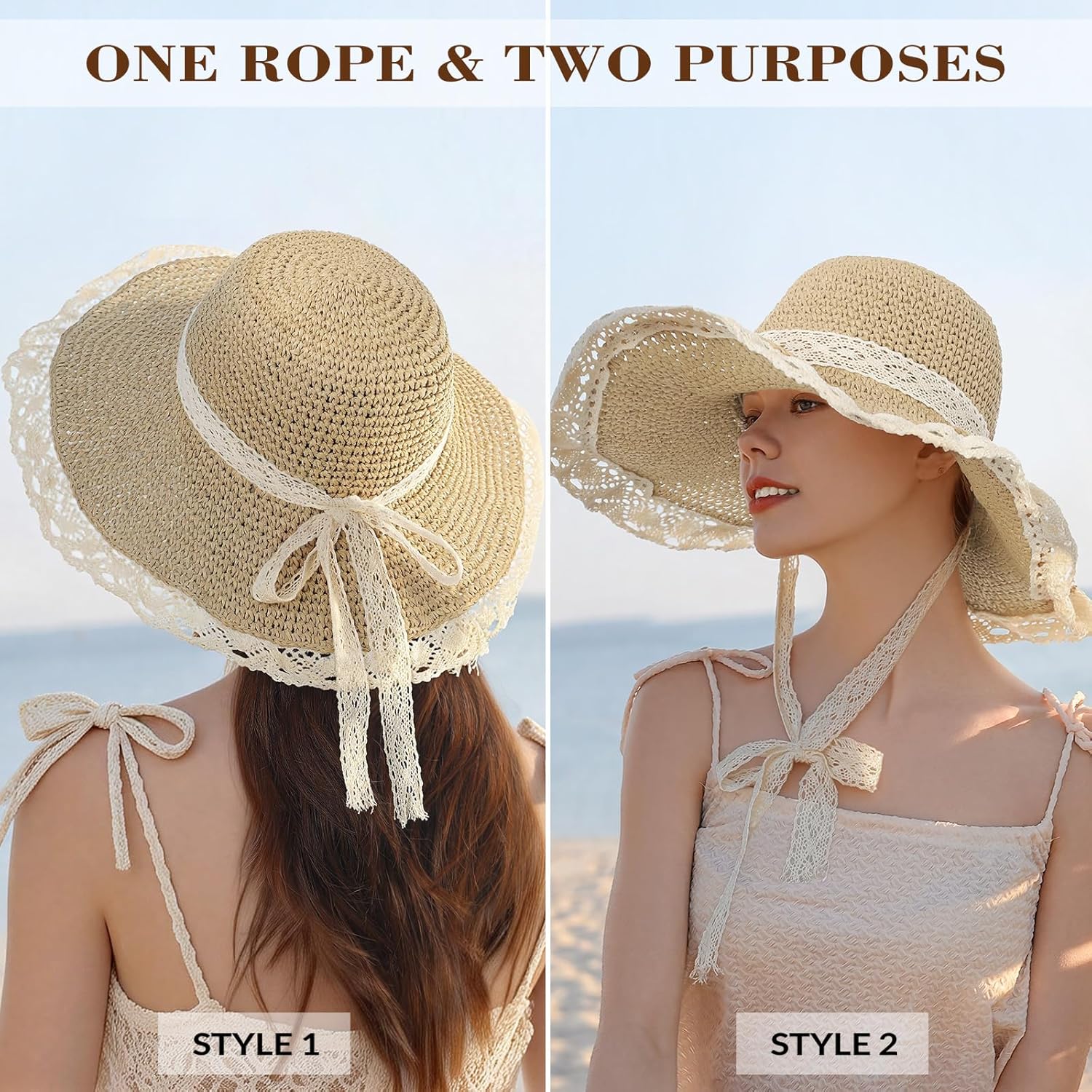 Beach Hats for Women - Beach Hat Womens UPF 50+ Lace Ribbon,Packable Sun Hat Women,Straw Hat for Women 2026