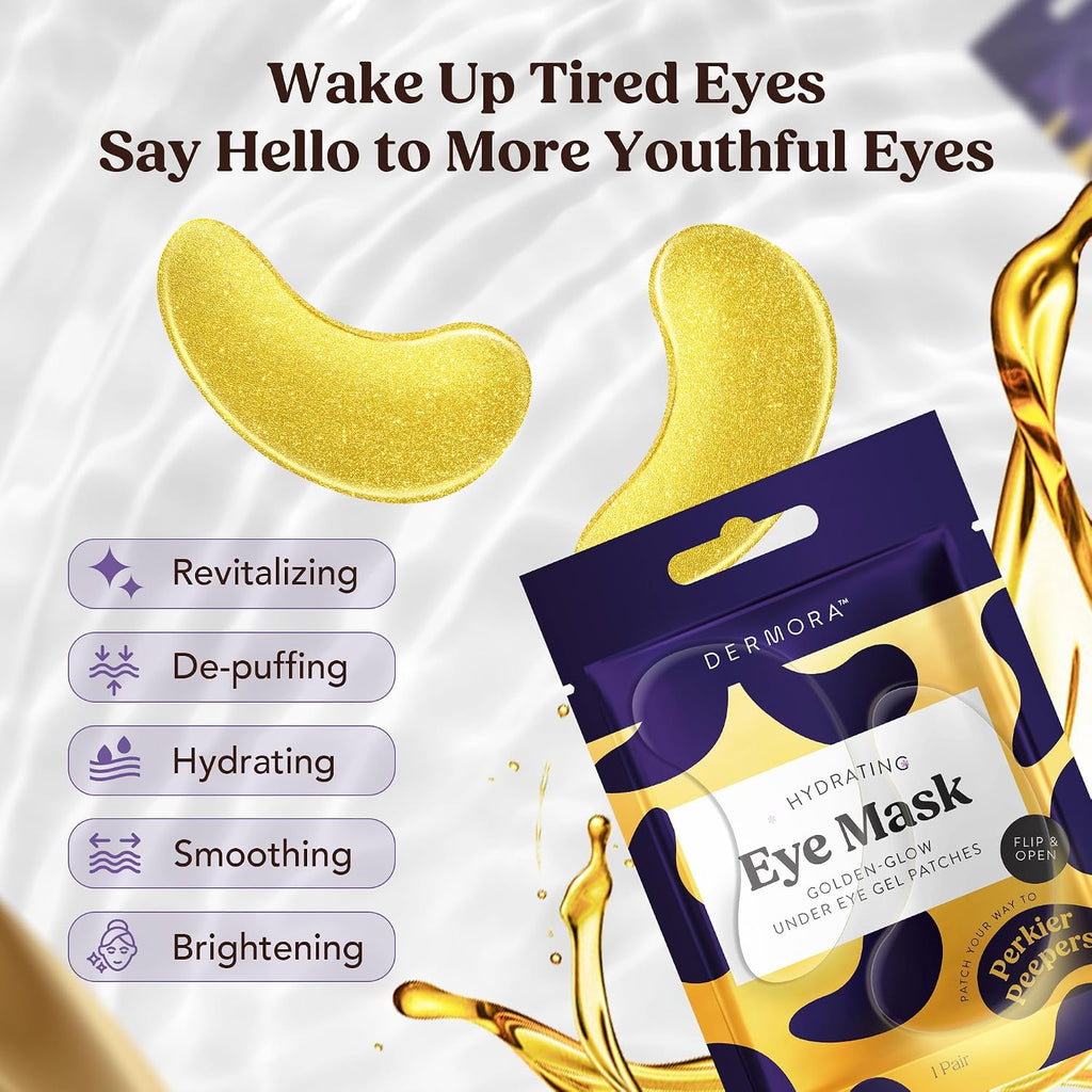 Dermora Golden Glow Under Eye Patches - 50 Pairs Individually Packed, Hydrating Soft Gel Eye Masks For Puffiness, Wrinkles, Dark Circles & Fine Lines, Glowing Skin, Travel Friendly