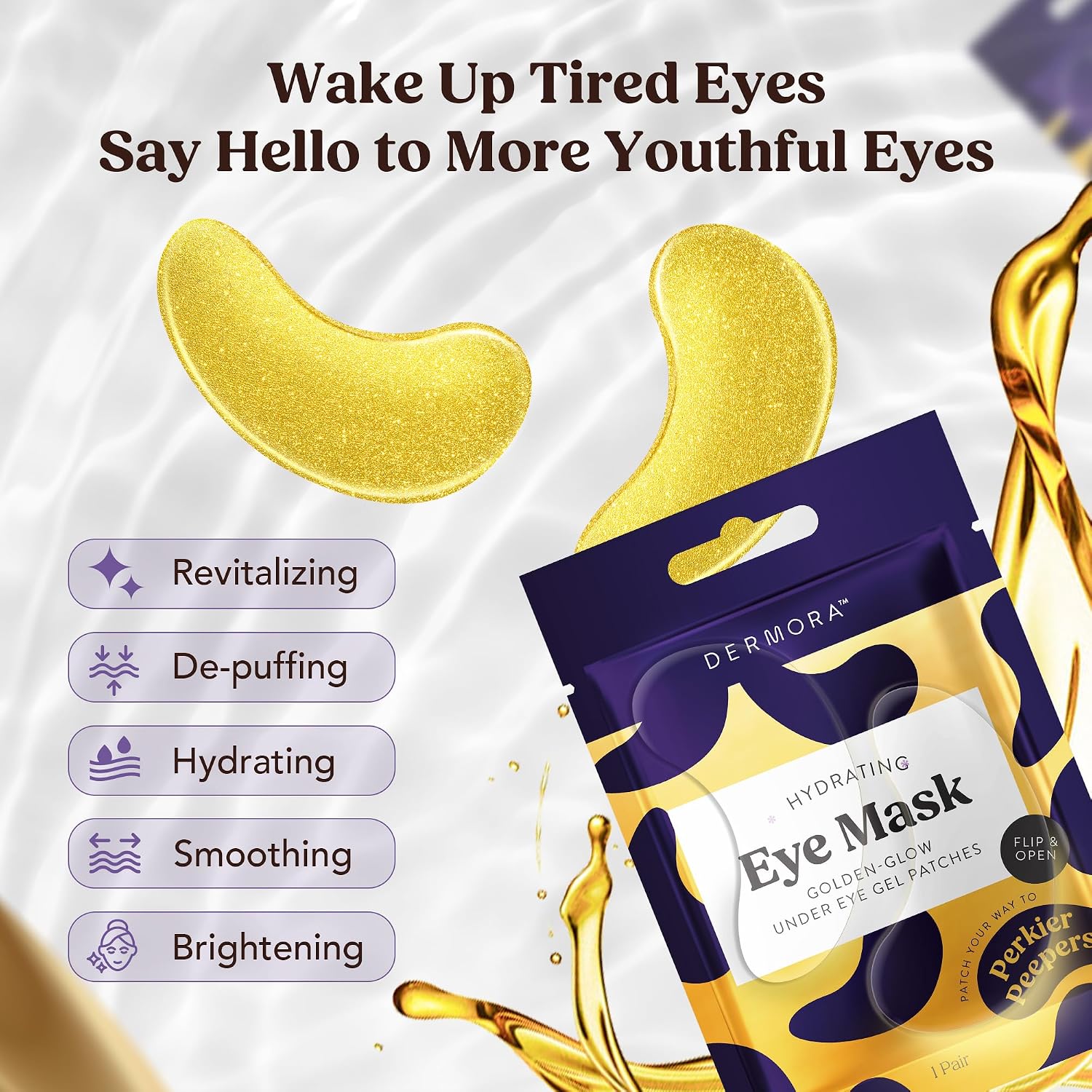 Dermora Golden Glow Under Eye Patches - 50 Pairs Individually Packed, Hydrating Soft Gel Eye Masks For Puffiness, Wrinkles, Dark Circles & Fine Lines, Glowing Skin, Travel Friendly