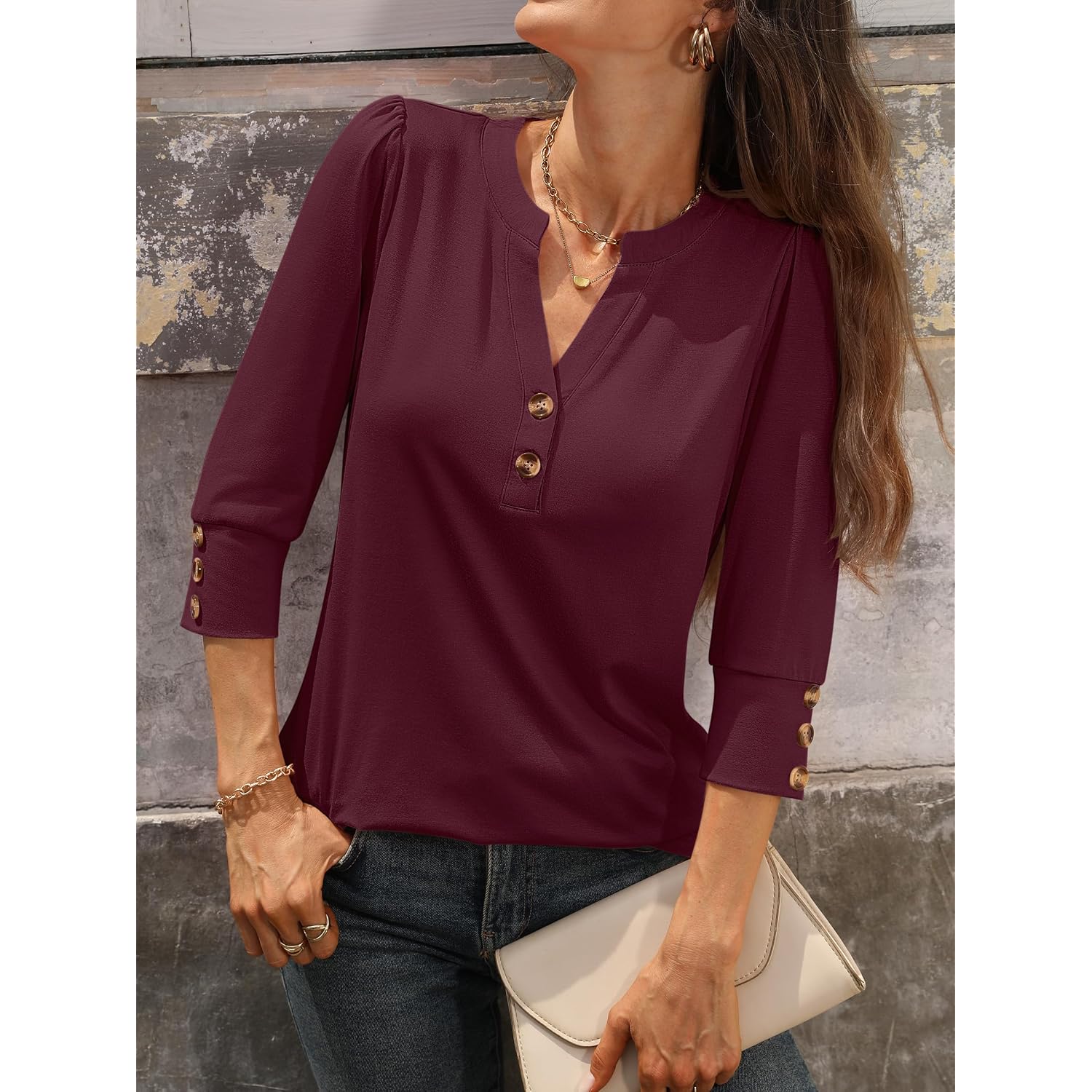 ANRABESS Womens Henley 3/4 Sleeve Tops, V Neck Comfy Fabric Shirts, Cozy for Work, Business, Trendy Versatile Casual Wear