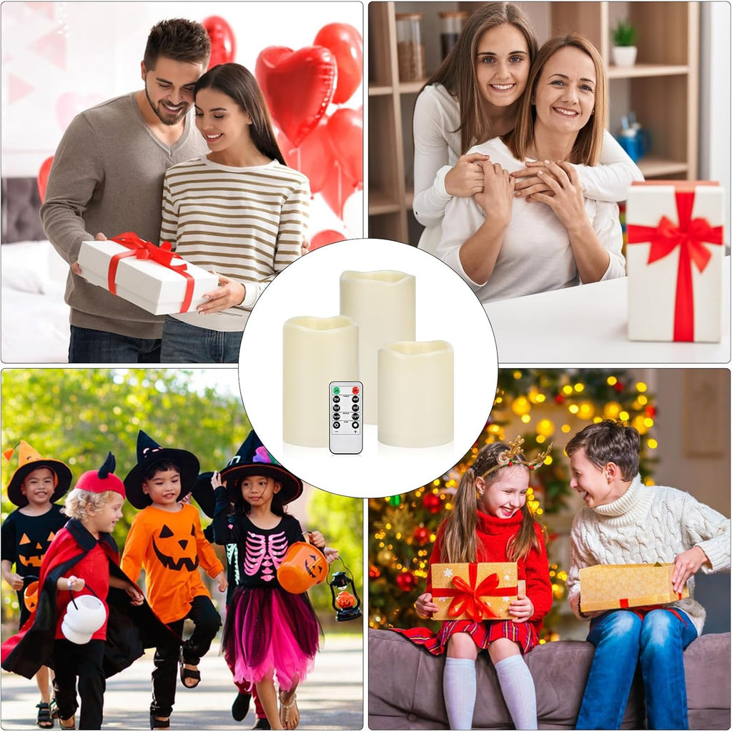 Flameless Candles 4" 5" 6" Outdoor Indoor Pillars Battery Operated Flickering Candles Include 10-Key Remote Timer 400+ Hours By 2 Aa Batteries (Ivory Candle - Warm Light, 3"D X 4"|5"|6" H - 3 Pack)
