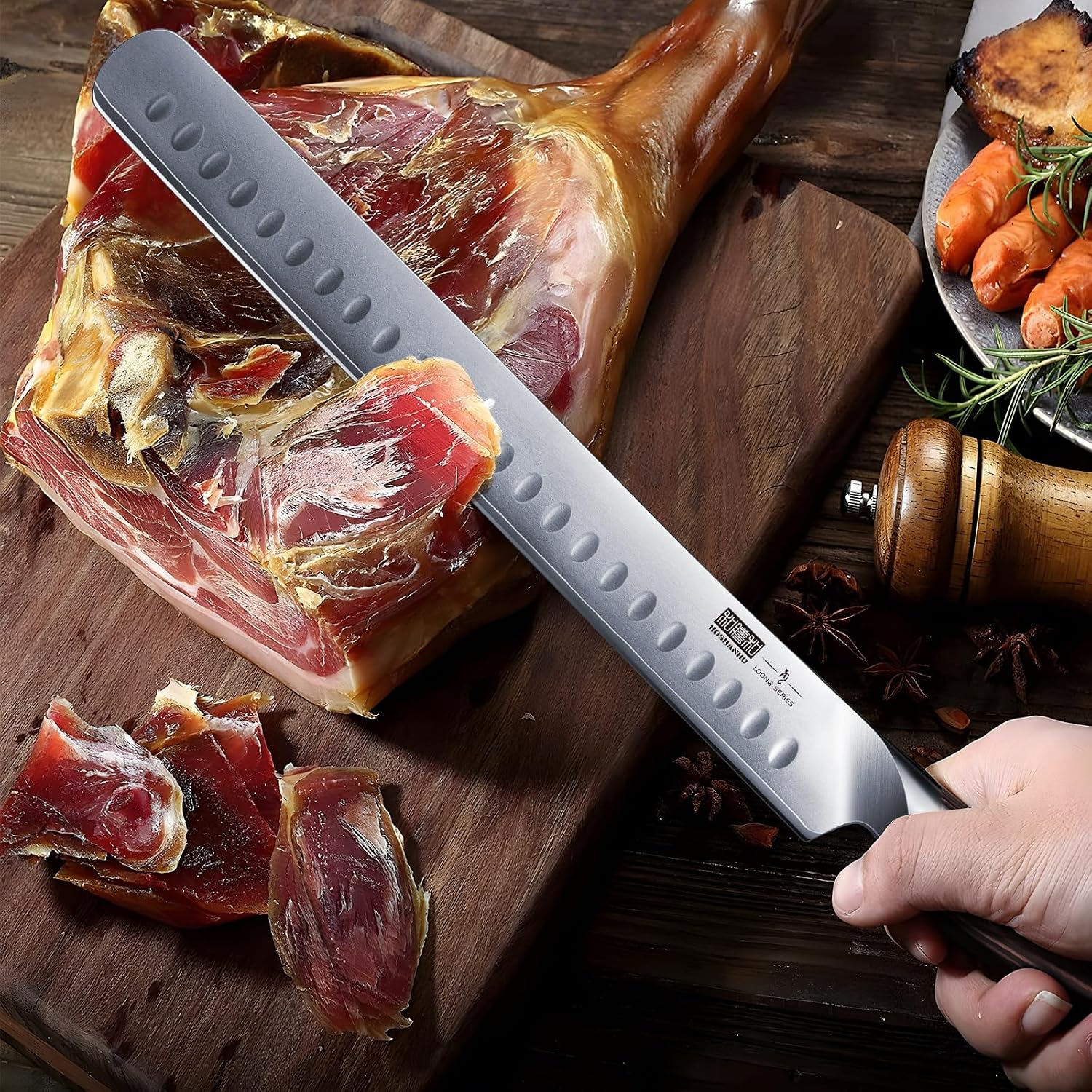 Hoshanho Carving Knife 12 Inch, Japanese High Carbon Steel Slicing Knife With Ergonomic Pakkawood Handle, Razor Sharp Brisket Knives For Meat Cutting, Bbq, Turkey