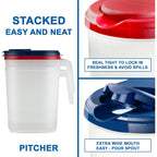 2-Pack Oval Slim Plastic Pitchers With Lids – 1 Gallon, Flip-Top Pivot Spout, Well-Gripped Handle, Water Jug, With Measuring Option, Ideal for Water, Juice & Iced Tea (Blue & Red) BPA Free