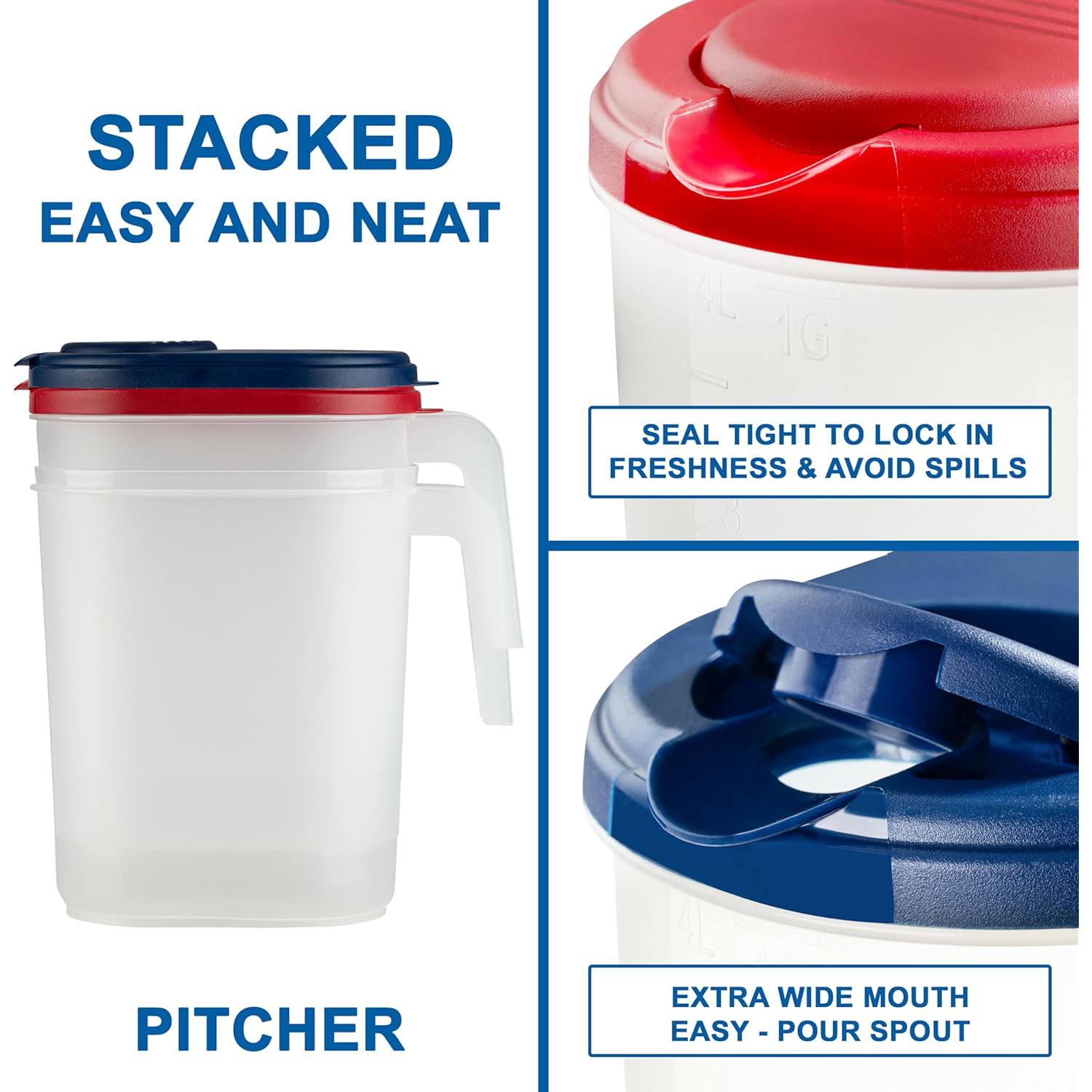 2-Pack Oval Slim Plastic Pitchers With Lids – 1 Gallon, Flip-Top Pivot Spout, Well-Gripped Handle, Water Jug, With Measuring Option, Ideal for Water, Juice & Iced Tea (Blue & Red) BPA Free
