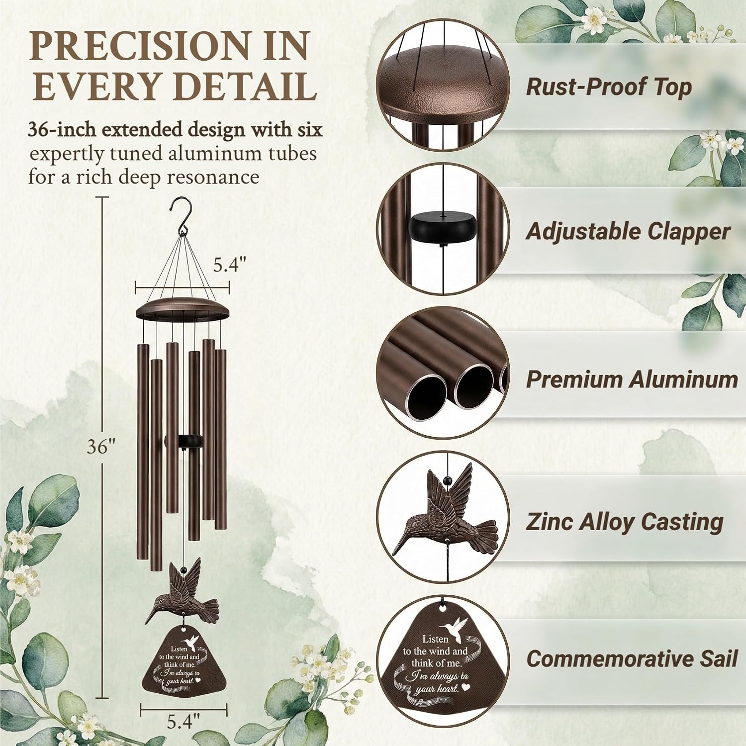 36" Memorial Wind Chimes For Outside, Sympathy Gift For Loss Of Loved One, Hummingbird Wind Chime For Mom Dad, Bereavement Remembrance Funeral Condolence Gift