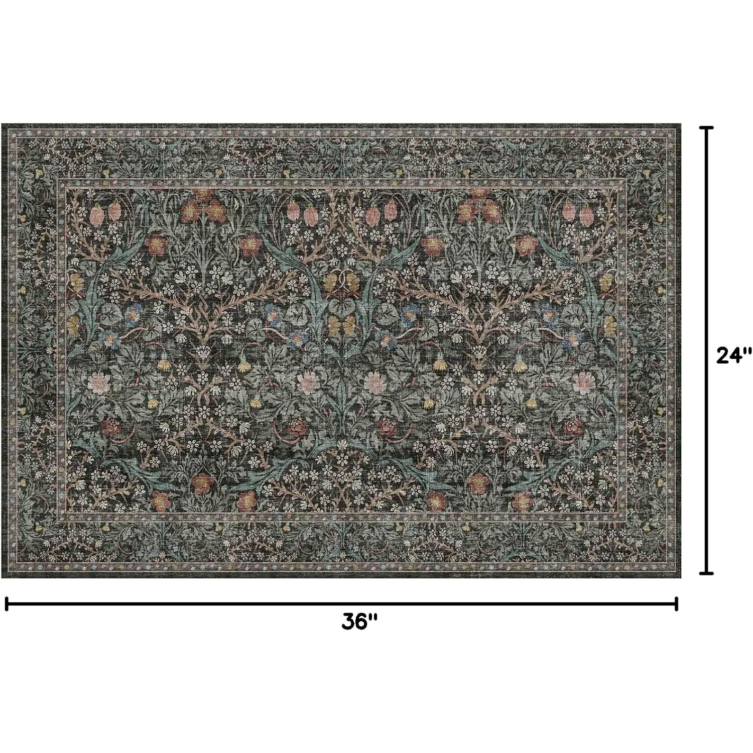 Dark Green Washable Entry Rug - Front Door Throw Rugs Indoor, Non-Slip Bathroom Small Rugs, Vintage Floral Thin Rug For Kitchen, Boho Entryway Décor (2X3 Dark Green)