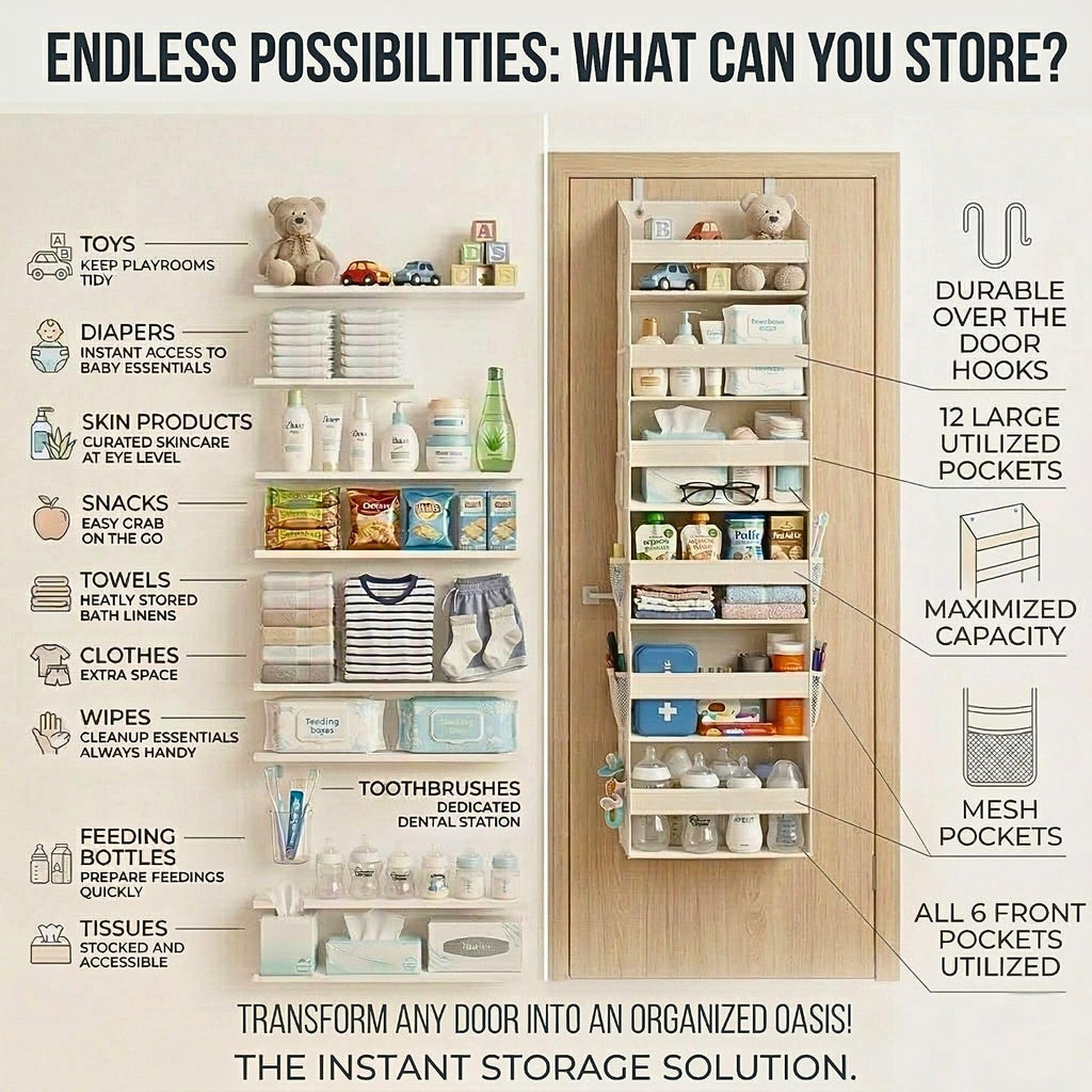 Upgraded 6 Tiers Over The Door Organizer Hanging - 100D Extra Thick & 50Lbs Huge Capacity, 12 Side Mesh Pockets Over The Door Shoe Organizer, Hanging Closet Organizer (Ivory, 1Pc)
