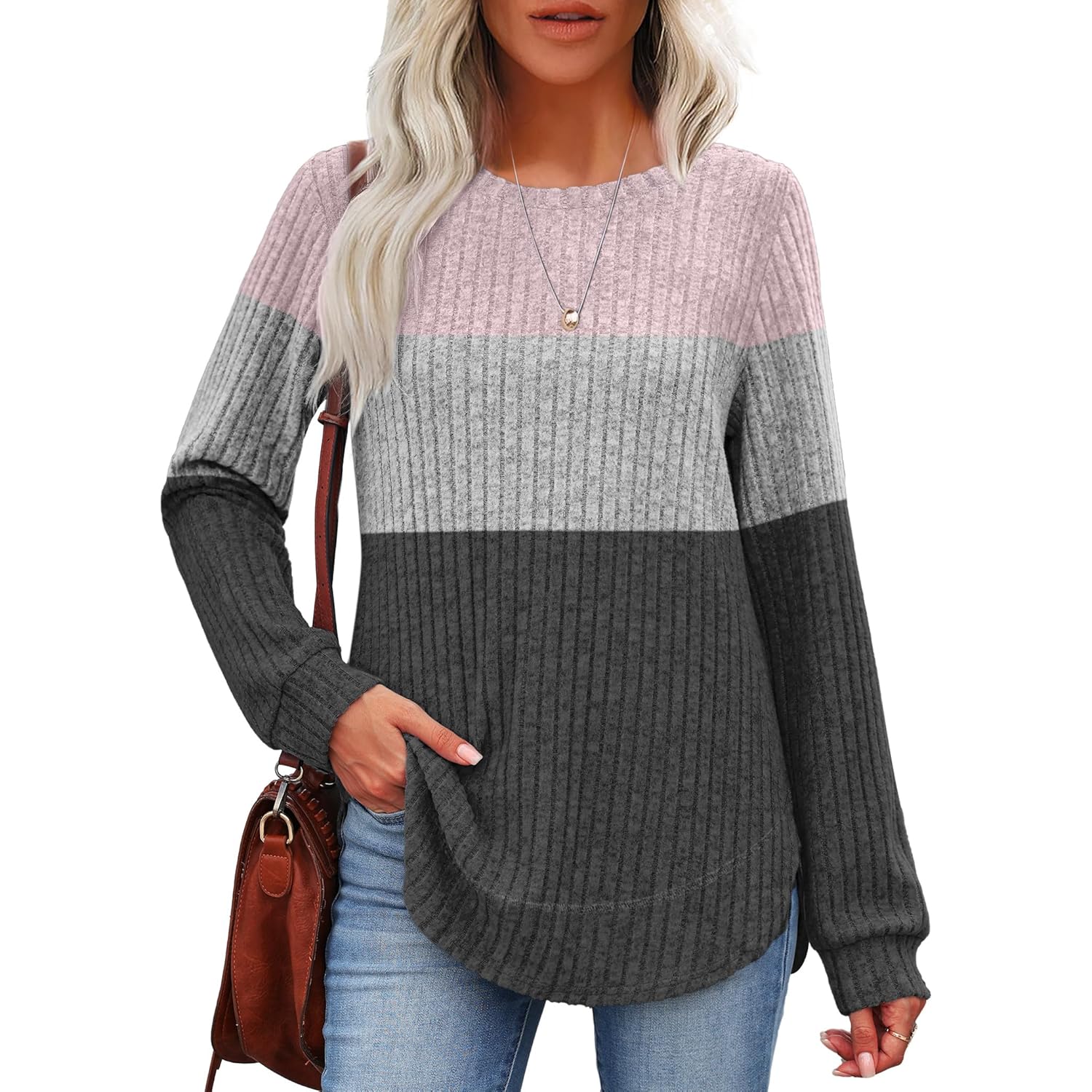 Tunic Tops for Women Loose Fit Dressy Long Sleeve Shirts Womens Sweaters Crew Neck Fall Clothing with Curved Hem