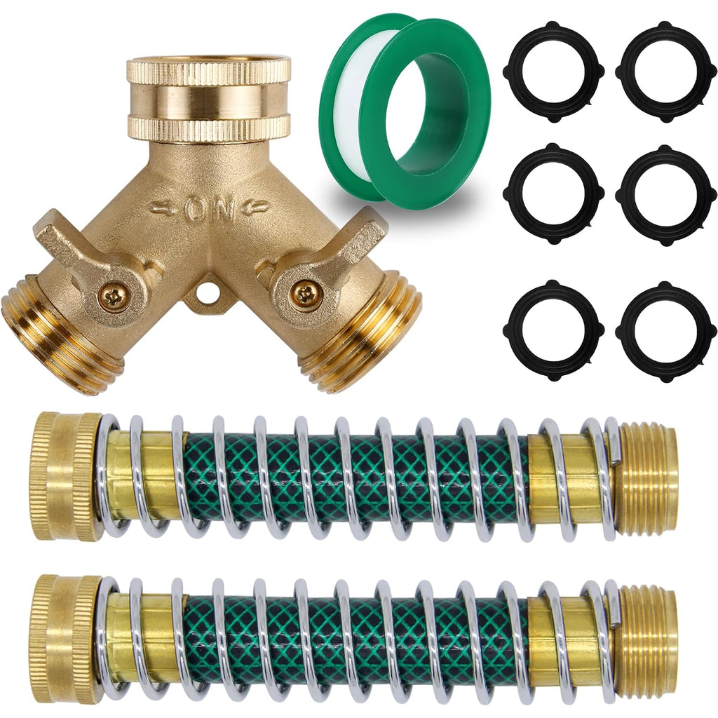 Triumpeek 3/4" Brass 2 Way Hose Splitter, Brass 2 Way Garden Hose Connector With 2 Pcs Garden Hose Coiled Spring Protectors And 6 Rubber Washers