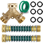 Triumpeek 3/4" Brass 2 Way Hose Splitter, Brass 2 Way Garden Hose Connector With 2 Pcs Garden Hose Coiled Spring Protectors And 6 Rubber Washers