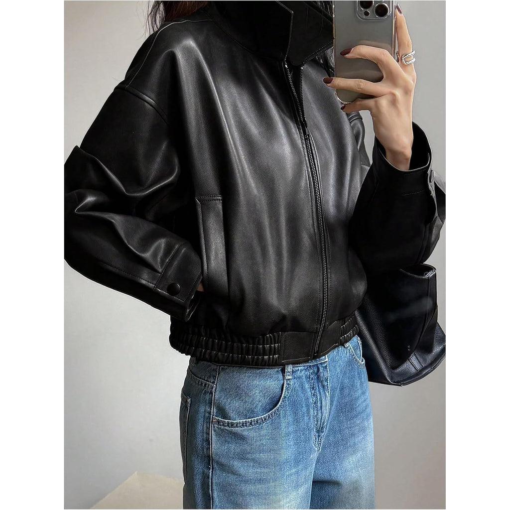 Milumia Women'S Faux Leather Zip Up Jacket Vintage Collared Long Sleeve Motorcycle Jackets