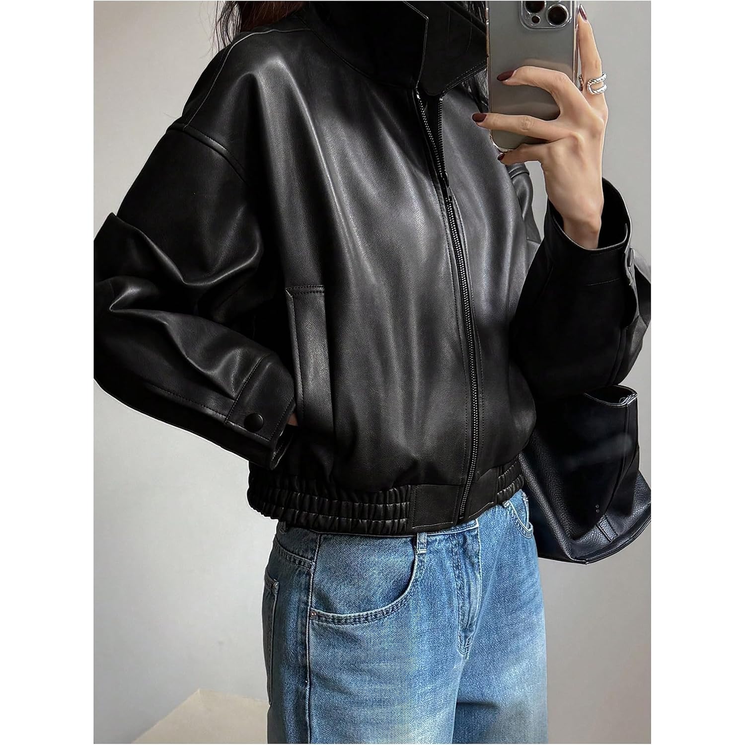 Milumia Women'S Faux Leather Zip Up Jacket Vintage Collared Long Sleeve Motorcycle Jackets