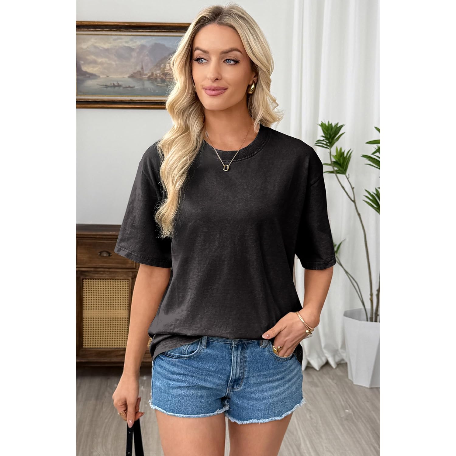 Shewin Oversized Wash Out Fabric Tee Shirts Trendy Cotton Tops Casual Work Tshirt 2026