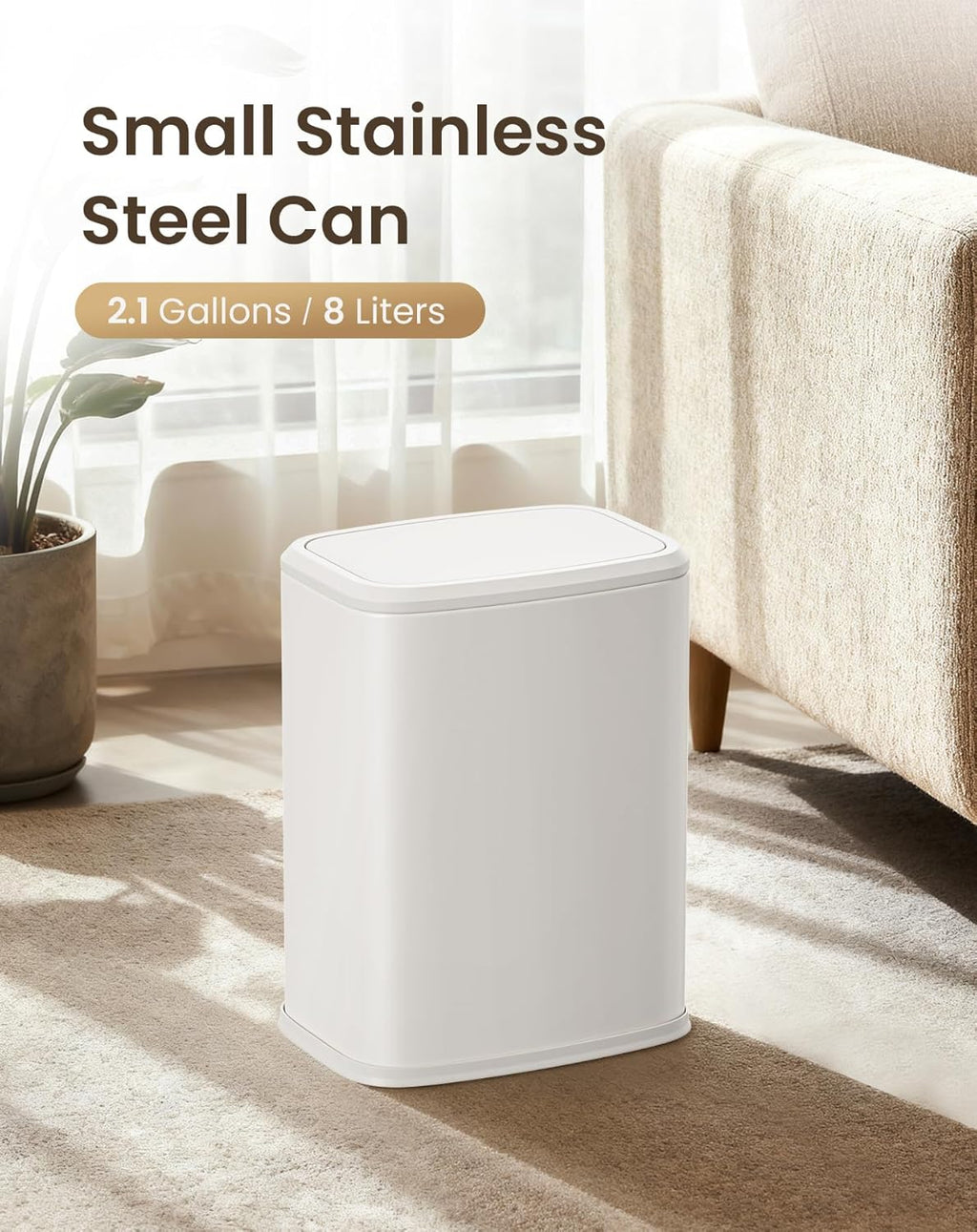 Cesun 2.1 Gallon Bathroom Trash Can With Swing-Top Lid, Small Stainless Steel Garbage Can With Removable Inner Bucket, Slim Waste Basket For Home, Office, Toilet, Bedroom, Living Room (White)