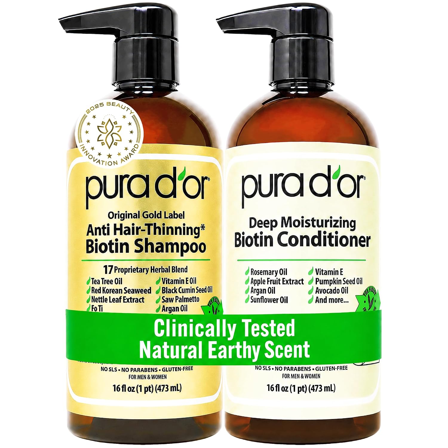 Pura D'Or Anti-Thinning Biotin Shampoo & Hair Regrowth Conditioner, Clinically Tested Effective Results, Thickening Herbal Blend For Women & Men, Original Gold Label Set, Natural Earthy Scent, 16Oz X2