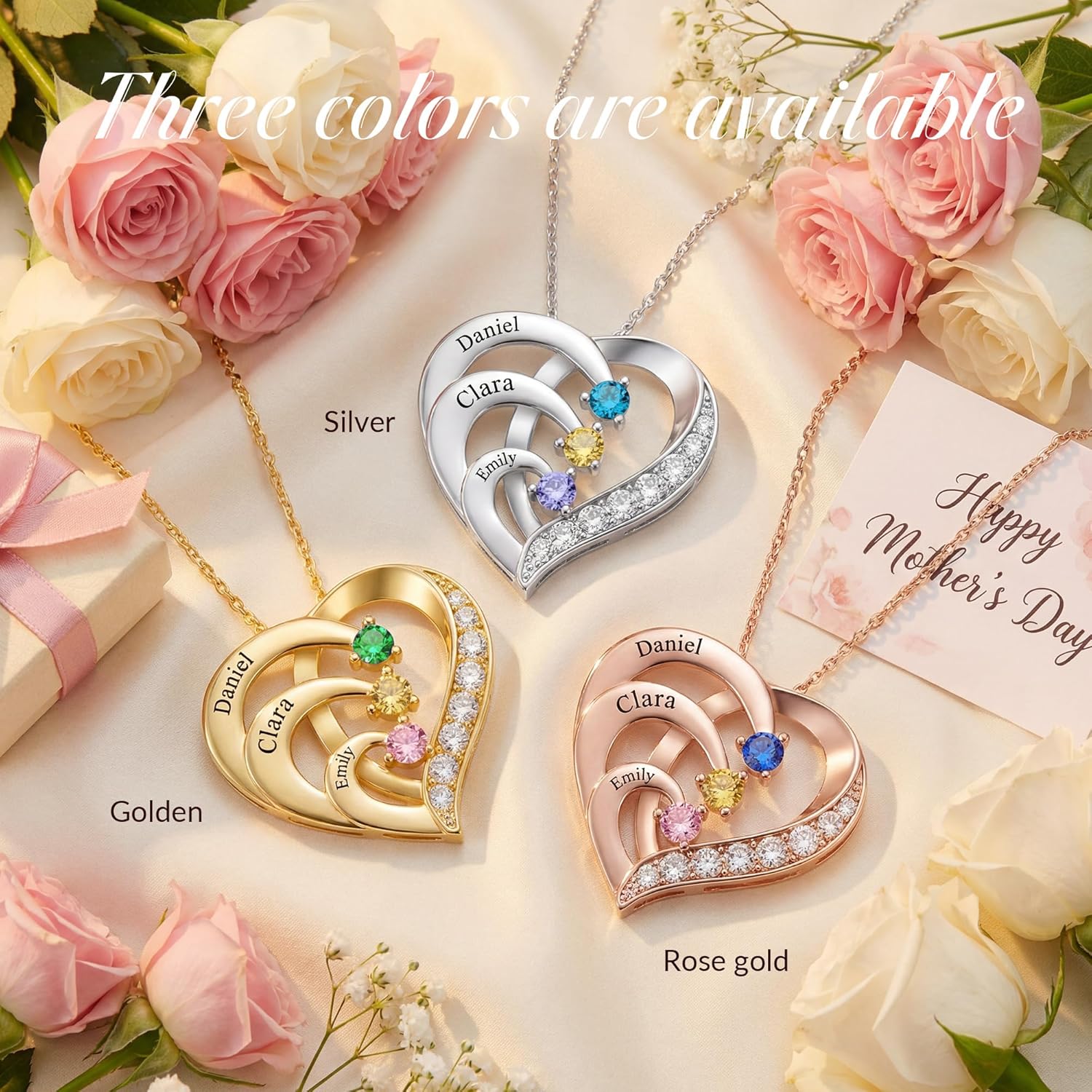 Easycosy Custom Name Necklace with Birthstones Mothers Day Gifts for Mom, Wife, Customized Promise Necklace Heart Pendant with Engraved 2-6 Names - Birthday Jewelry Gifts for Women Grandma Her