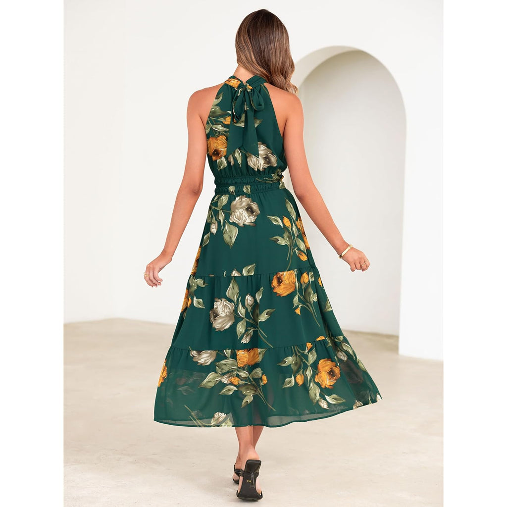Simplee Womens Summer Halter Wedding Guest Dress Maxi Floral Vacation Boho Sundresses Flowy Formal Long Travel Dresses 2026