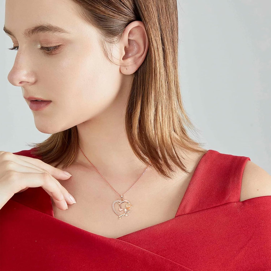 Heart Necklace for Women Sterling Silver/14k Gold Plated/Rose Gold CZ Romantic Rose and Butterfly Jewelry for women Birthday Valentine's Day Gift for Girls