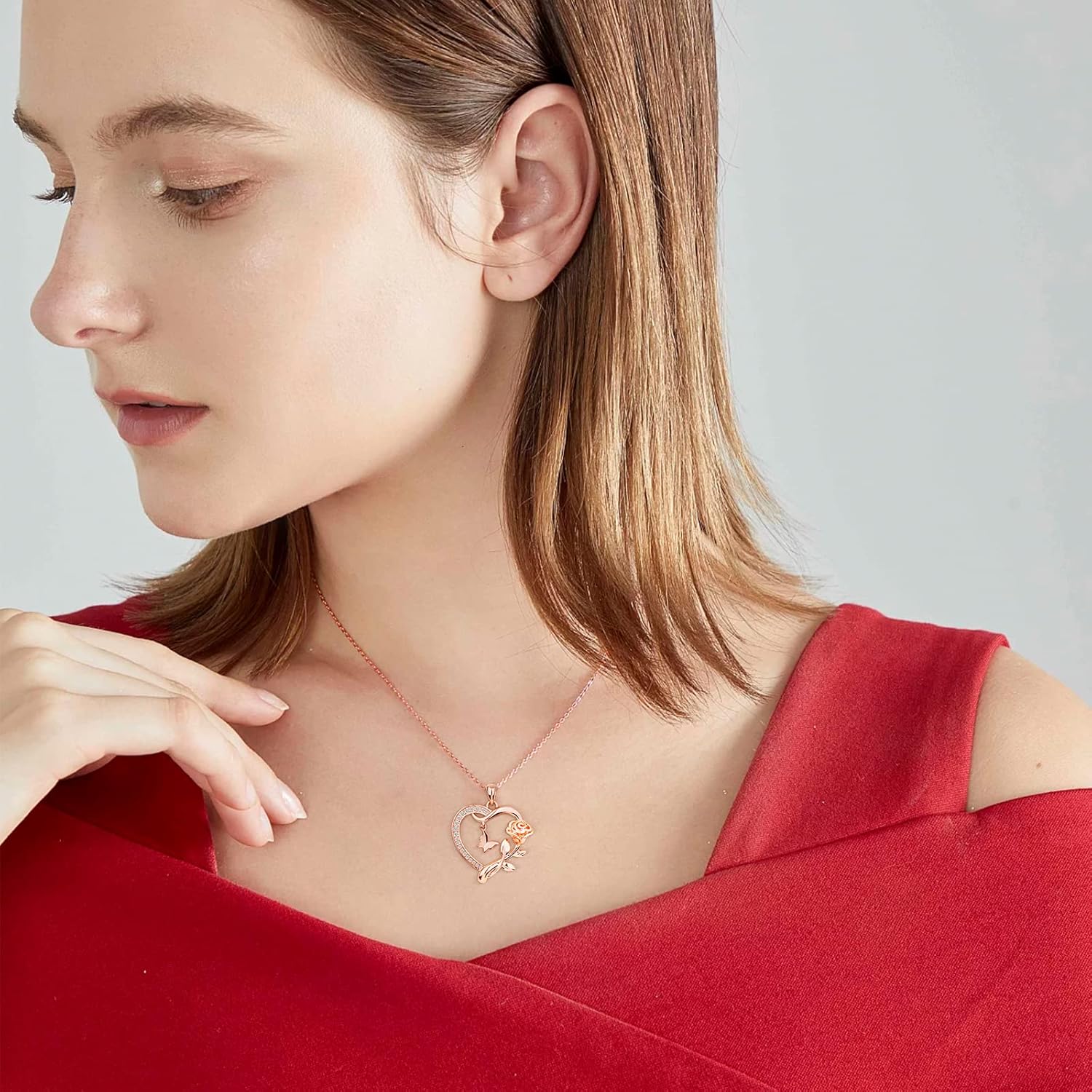 Heart Necklace for Women Sterling Silver/14k Gold Plated/Rose Gold CZ Romantic Rose and Butterfly Jewelry for women Birthday Valentine's Day Gift for Girls