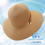 Womens Beach Sun Straw Hat, Wide Brim Sun Hat Travel Foldable Summer Wind Lanyard UPF 50+