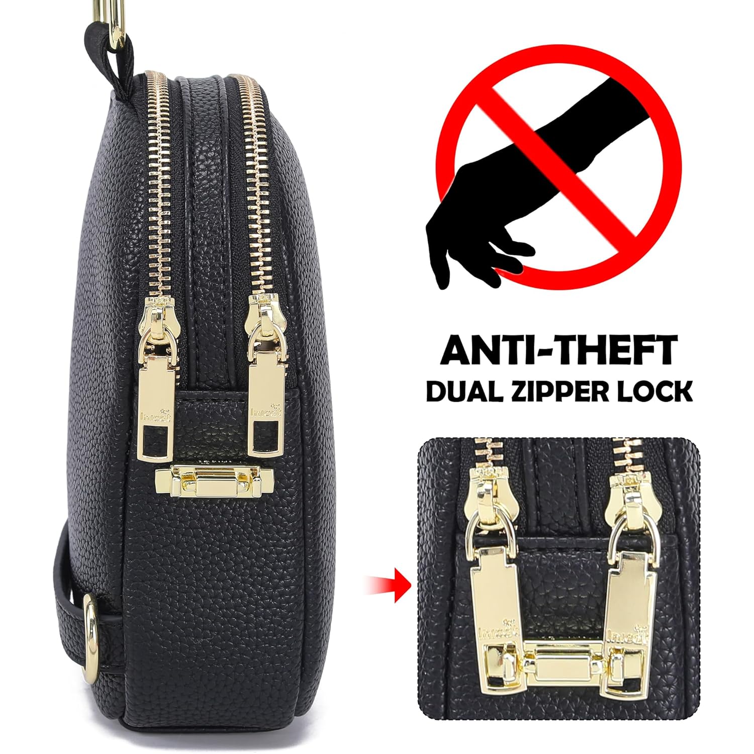 INICAT Anti Theft Crossbody Bag for Women, Small RFID Blocking Sling Purse with Zipper Lock for Travel, Vegan Leather